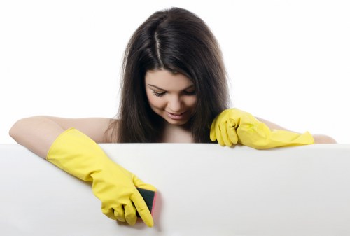 Close-up of cleaning supplies and equipment ready for service