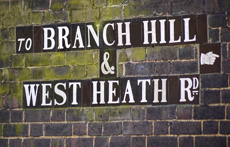 A close-up of a brick wall featuring decorative black and white ceramic street sign tiles that spell out 'TO BRANCH HILL & WEST HEATH RD' in bold white letters. The bricks are aged, with some moss and dirt visible, giving a weathered appearance. There is a small graphic of a pointing hand on the right side of the sign. The scene is evenly lit, highlighting the texture of the bricks and the signage, representing an outdoor urban environment. Deep Cleaning Hampstead specializes in surface cleaning and deep cleaning services, ensuring hygiene and cleanliness of brick and tiled surfaces in residential and commercial spaces.